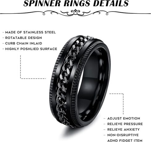 THUNARAZ Titanium Stainless Steel Anxiety Ring for Women Men Black Spinner Rings Fidget Ring Set 6-8mm Wide Stress Relieving Fashion Wedding Promise Band Rings Size 7-13 in Saudi Arabia
