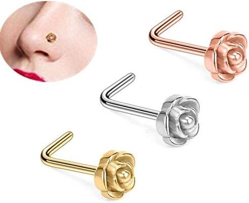 Tvoip 6Pcs 20G Titanium Nose Stud L Bone Shape Elegant Rose Flower Charm Nose Ring Earring Silver Hoop Stud Body Piercing Jewelry in Saudi Arabia