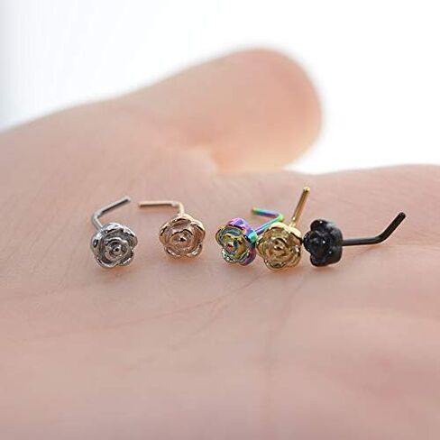 Tvoip 6Pcs 20G Titanium Nose Stud L Bone Shape Elegant Rose Flower Charm Nose Ring Earring Silver Hoop Stud Body Piercing Jewelry in Saudi Arabia