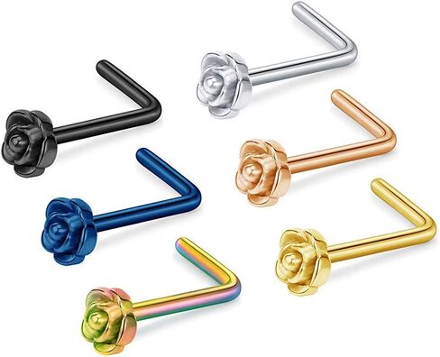 Tvoip 6Pcs 20G Titanium Nose Stud L Bone Shape Elegant Rose Flower Charm Nose Ring Earring Silver Hoop Stud Body Piercing Jewelry in Saudi Arabia
