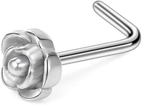 Tvoip 6Pcs 20G Titanium Nose Stud L Bone Shape Elegant Rose Flower Charm Nose Ring Earring Silver Hoop Stud Body Piercing Jewelry in Saudi Arabia