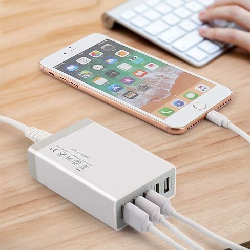 قاعدة شحن من الخيزران لأجهزة متعددة مع شاحن USB بخمسة منافذ و5 كابلات شحن وحامل للساعة. منظم محطات إرساء سطح المكتب الخشبي للهاتف الخلوي، والكمبيوتر اللوحي، والساعة، وإكسسوارات المكتب in Kuwait