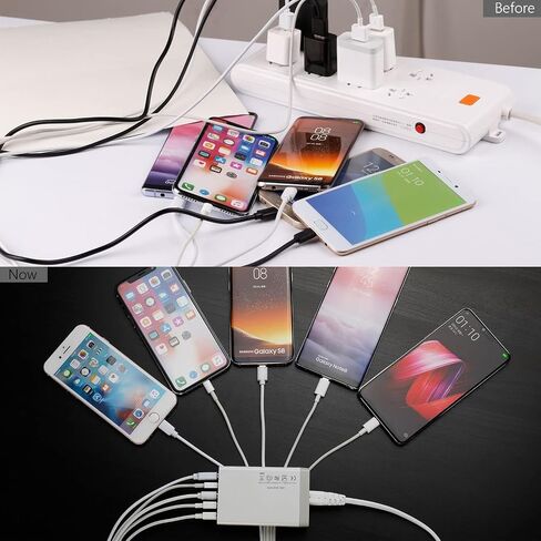 قاعدة شحن من الخيزران لأجهزة متعددة مع شاحن USB بخمسة منافذ و5 كابلات شحن وحامل للساعة. منظم محطات إرساء سطح المكتب الخشبي للهاتف الخلوي، والكمبيوتر اللوحي، والساعة، وإكسسوارات المكتب in Kuwait
