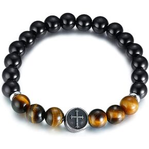 Mens Bead Bracelet, 8mm Adjustable Natural Stone Tiger Eye Beaded Bracelet Cross Bracelets for Men Women in Saudi Arabia