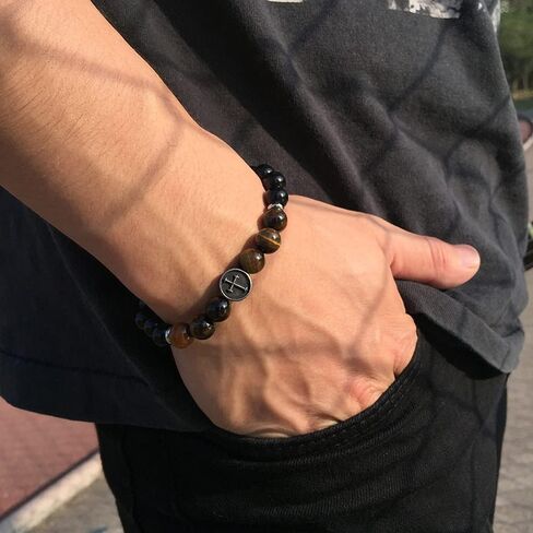Mens Bead Bracelet, 8mm Adjustable Natural Stone Tiger Eye Beaded Bracelet Cross Bracelets for Men Women in Kuwait