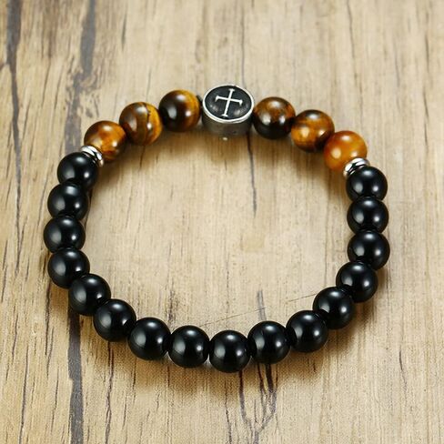 Mens Bead Bracelet, 8mm Adjustable Natural Stone Tiger Eye Beaded Bracelet Cross Bracelets for Men Women in Kuwait