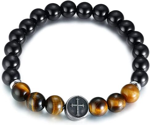 Mens Bead Bracelet, 8mm Adjustable Natural Stone Tiger Eye Beaded Bracelet Cross Bracelets for Men Women in Kuwait