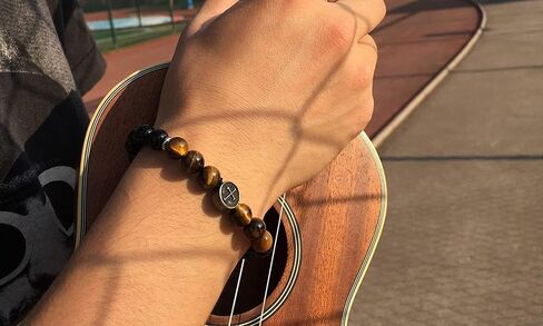 Mens Bead Bracelet, 8mm Adjustable Natural Stone Tiger Eye Beaded Bracelet Cross Bracelets for Men Women in Kuwait