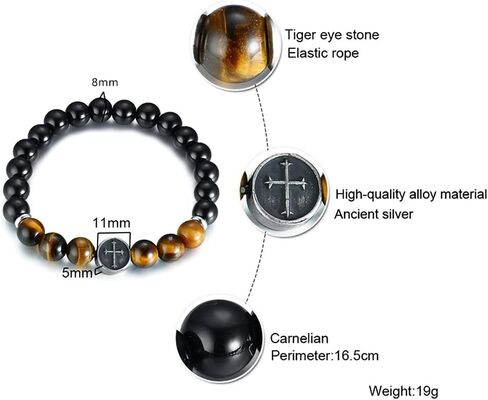 Mens Bead Bracelet, 8mm Adjustable Natural Stone Tiger Eye Beaded Bracelet Cross Bracelets for Men Women in Kuwait