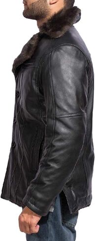 The Jacket Maker Furcliff Men's Black Leather Faux Fur Coat | Sheepskin Black Leather Coat for Men | Men Faux Fur Coat in Kuwait