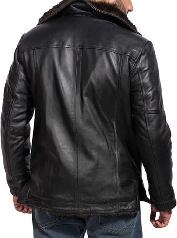 The Jacket Maker Furcliff Men's Black Leather Faux Fur Coat | Sheepskin Black Leather Coat for Men | Men Faux Fur Coat in Kuwait