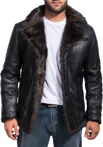 The Jacket Maker Furcliff Men's Black Leather Faux Fur Coat | Sheepskin Black Leather Coat for Men | Men Faux Fur Coat in Kuwait