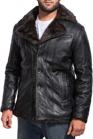 The Jacket Maker Furcliff Men's Black Leather Faux Fur Coat | Sheepskin Black Leather Coat for Men | Men Faux Fur Coat in Kuwait