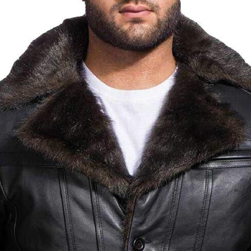 The Jacket Maker Furcliff Men's Black Leather Faux Fur Coat | Sheepskin Black Leather Coat for Men | Men Faux Fur Coat in Kuwait