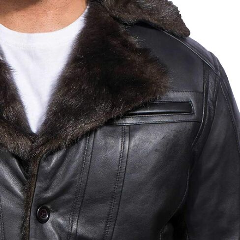 The Jacket Maker Furcliff Men's Black Leather Faux Fur Coat | Sheepskin Black Leather Coat for Men | Men Faux Fur Coat in Kuwait