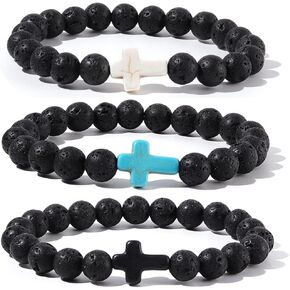 Caiyao 8MM Ornament Lava Volcanic Stone Beads Turquoise Cross Elastic Stretch Bracelet Religion Bangle for Women Men in Saudi Arabia