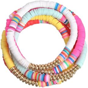 2-5 Pcs Colorful Sliced Clay Bracelets Handmade Rainbow Polymer Elastic Rope Boho Beaded Bracelet Set Summer Beach Surf Stackable Stretch Colorful Bracelets Jewelry for Women