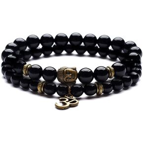 Domika Black Agate Beaded Bracelet Buddha Head & OM Buddhist Prayer Therapy Religious Stretch Bracelet Set in Saudi Arabia