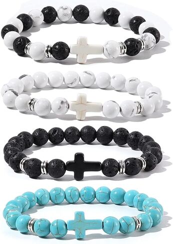 Caiyao 8MM Ornament Lava Volcanic Stone Beads Turquoise Cross Elastic Stretch Bracelet Religion Bangle for Women Men in Kuwait