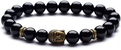 Domika Black Agate Beaded Bracelet Buddha Head & OM Buddhist Prayer Therapy Religious Stretch Bracelet Set in Saudi Arabia