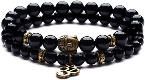 Domika Black Agate Beaded Bracelet Buddha Head & OM Buddhist Prayer Therapy Religious Stretch Bracelet Set in Saudi Arabia