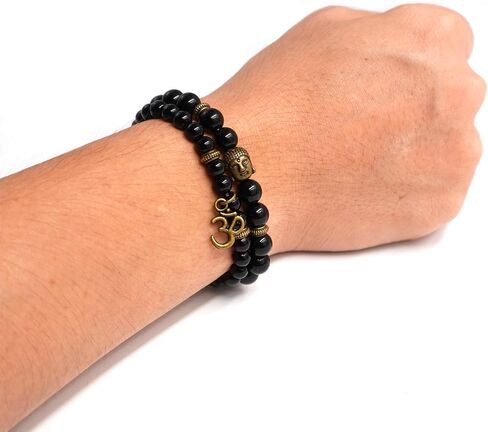 Domika Black Agate Beaded Bracelet Buddha Head & OM Buddhist Prayer Therapy Religious Stretch Bracelet Set in Saudi Arabia