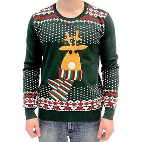 Ugly Christmas Sweater Rudolph Flashing Light Red Nose Reindeer Adult Green Sweater in Saudi Arabia