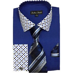 Men's French Cuff Dress Shirt w/ Polka Dot Contrast Collar & Tie Hanky Set #630 (18 - 18 1/2, 36/37, Royal Blue) in Saudi Arabia