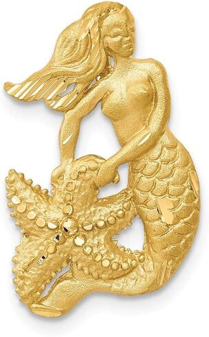 Solid 14k Yellow Gold Diamond-cut Open-Backed Mermaid Brushed Matte Finish Pendant Charm - 21mm x 12mm in Saudi Arabia