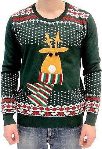 Ugly Christmas Sweater Rudolph Flashing Light Red Nose Reindeer Adult Green Sweater in Saudi Arabia