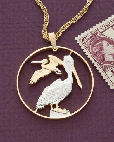 Pelican Pendant & Necklace, British Virgin Islands 50 Cents Hand Cut, 1 3/16" in diameter in Kuwait
