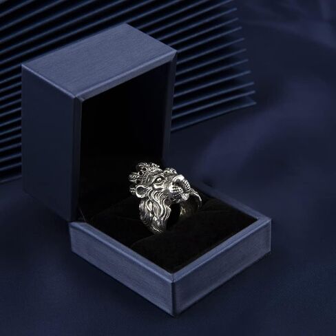JadeAngel Lion Ring، خاتم راكبي الدراجات النارية من الفضة الإسترليني عيار 925 بتصميم تاج رأس الأسد للرجال (مقاس الخاتم من 7 إلى 12) in Kuwait