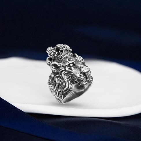 JadeAngel Lion Ring، خاتم راكبي الدراجات النارية من الفضة الإسترليني عيار 925 بتصميم تاج رأس الأسد للرجال (مقاس الخاتم من 7 إلى 12) in Kuwait