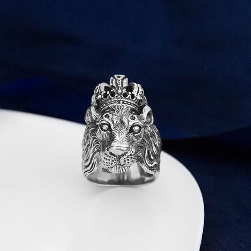 JadeAngel Lion Ring، خاتم راكبي الدراجات النارية من الفضة الإسترليني عيار 925 بتصميم تاج رأس الأسد للرجال (مقاس الخاتم من 7 إلى 12) in Kuwait