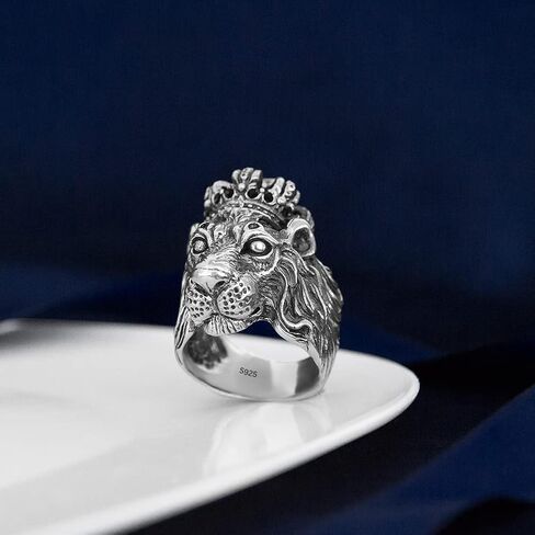 JadeAngel Lion Ring، خاتم راكبي الدراجات النارية من الفضة الإسترليني عيار 925 بتصميم تاج رأس الأسد للرجال (مقاس الخاتم من 7 إلى 12) in Kuwait
