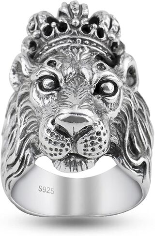 JadeAngel Lion Ring، خاتم راكبي الدراجات النارية من الفضة الإسترليني عيار 925 بتصميم تاج رأس الأسد للرجال (مقاس الخاتم من 7 إلى 12) in Kuwait