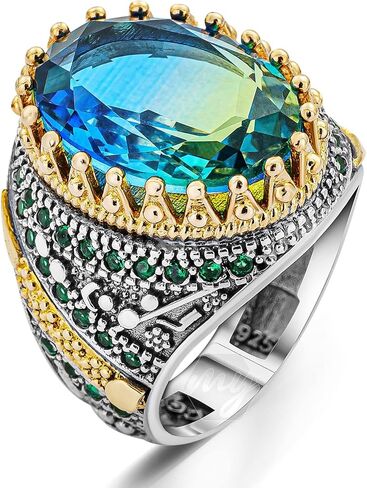 Solid 925 Sterling Silver Tourmaline Stone Turkish Men's Ring with Green Stones in Kuwait