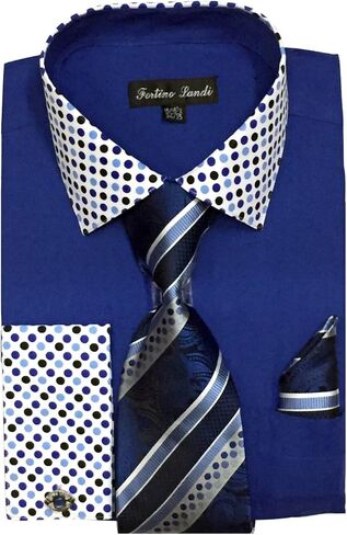 Men's French Cuff Dress Shirt w/ Polka Dot Contrast Collar & Tie Hanky Set #630 (18 - 18 1/2, 36/37, Royal Blue) in Saudi Arabia