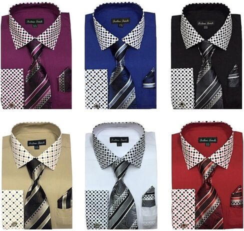 Men's French Cuff Dress Shirt w/ Polka Dot Contrast Collar & Tie Hanky Set #630 (18 - 18 1/2, 36/37, Royal Blue) in Saudi Arabia