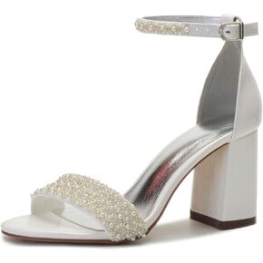 YWXYMGE Block Heels Pearls Wedding Sandals Open Toe Ankle Strap Evening Party Summer Shoes