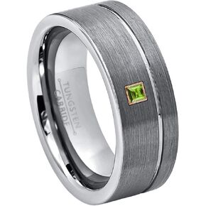 Solitaire Princess Cut Peridot Tungsten Ring - Men's Tungsten Wedding Band - 8MM Brushed Finish Grooved Tungsten Carbide Ring in Saudi Arabia
