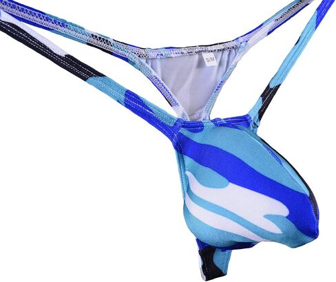WOSESE Men's Swim Thong Bulge Pouch G-String Bikini Blue Camo in Saudi Arabia