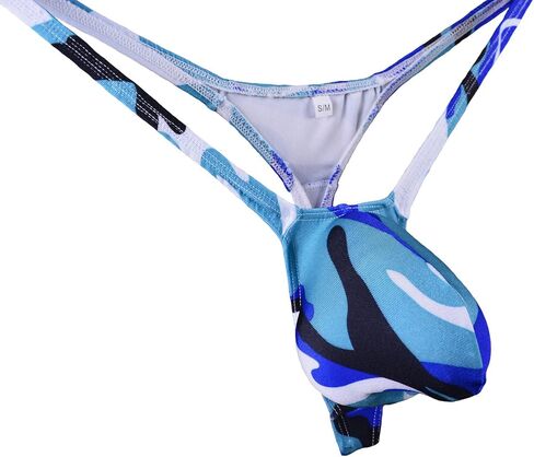 WOSESE Men's Swim Thong Bulge Pouch G-String Bikini Blue Camo in Saudi Arabia
