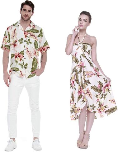 Couple Matching Hawaiian Luau Party Outfit Set Shirt Dress in Cream Rafelsia in Saudi Arabia