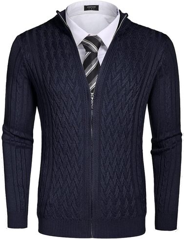 COOFANDY Men's Full Zip Cardigan Sweater Casual Cable Knitted Stand Collar Sweater with Pockets in Kuwait