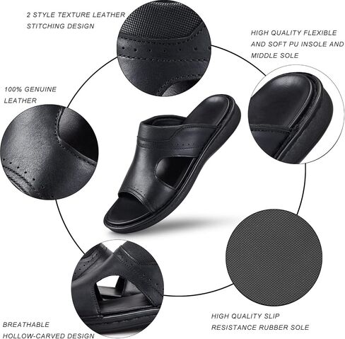 FIEEIF Men's Leather Slides Open Toe Outdoor Slippers Comfort Arch Support Retro Casual Flip Flops Summer Fisherman Slip On Sandals for Men in Kuwait