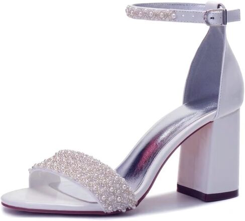 Block Heels Pearls Wedding Sandals Open Toe Ankle Strap Evening Party Summer Shoes in Saudi Arabia