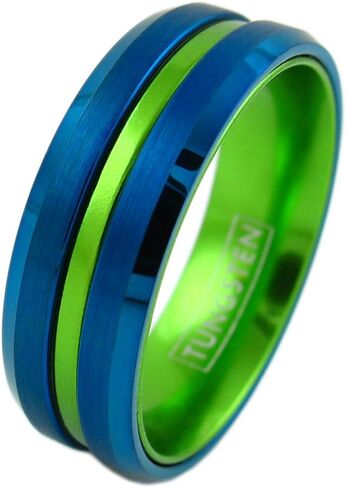 King's Cross Awesome 6mm/8mm Royal Blue Brushed Satin Finish Tungsten Carbide Band Ring with Lime Green Recessed Stripe & Matching Green Anodized Aluminum Comfort Fit Inner Band. in Kuwait