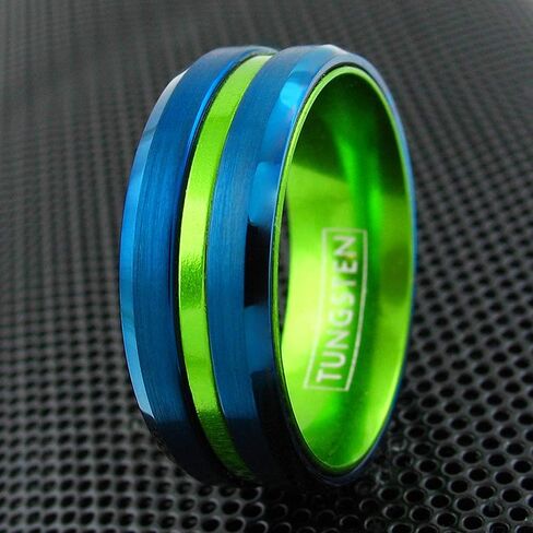 King's Cross Awesome 6mm/8mm Royal Blue Brushed Satin Finish Tungsten Carbide Band Ring with Lime Green Recessed Stripe & Matching Green Anodized Aluminum Comfort Fit Inner Band. in Kuwait