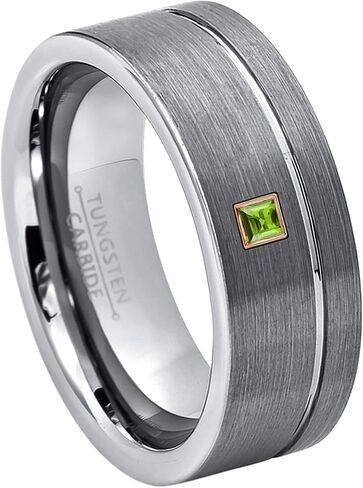 Solitaire Princess Cut Peridot Tungsten Ring - Men's Tungsten Wedding Band - 8MM Brushed Finish Grooved Tungsten Carbide Ring in Saudi Arabia